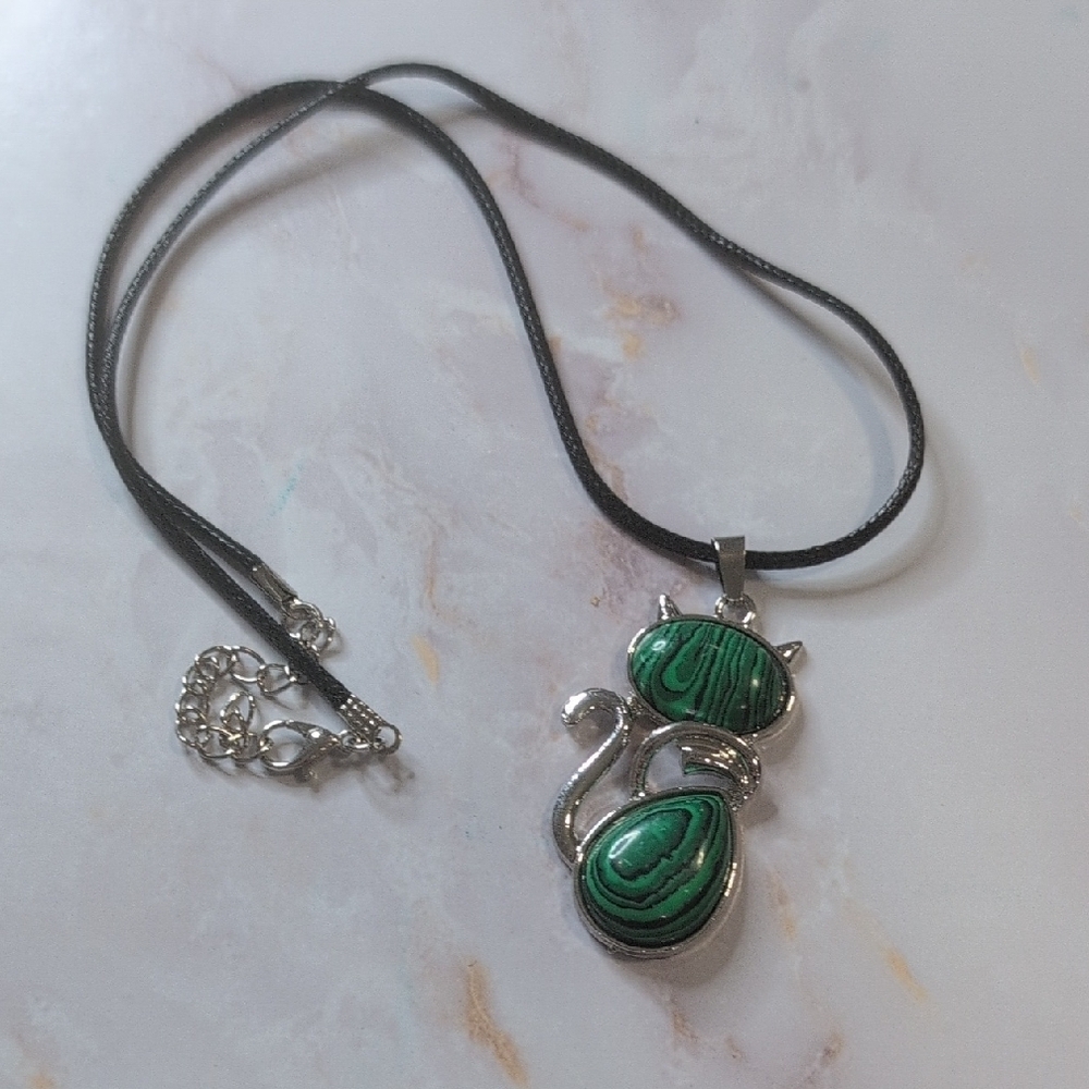 Silver Toned Necklace with Green Cat Pendant